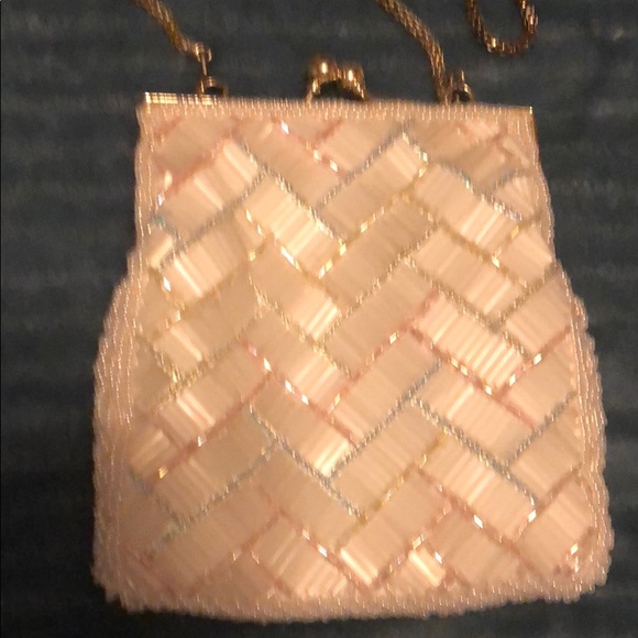 Off white, pink, yellow, blue beaded evening bag - Picture 3 of 4